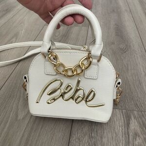 bebe Gianna Faux-Leather White Gold  Logo Satchel Xbody Bag  Dome Purse